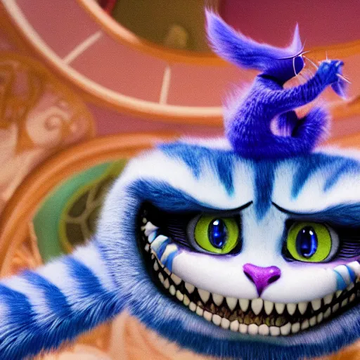 Image similar to the cheshire cat grinning, alice in wonderland, pixar, highly detailed intricate painting, long shot, 3 5 mm camera wide angle, cinematic