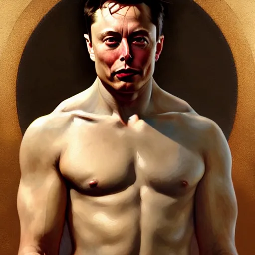 Image similar to Elon Musk as a Greek god, gorgeous, amazing, muscular, fit, intricate, highly detailed, digital painting, artstation, concept art, sharp focus, illustration, art by greg rutkowski and alphonse mucha