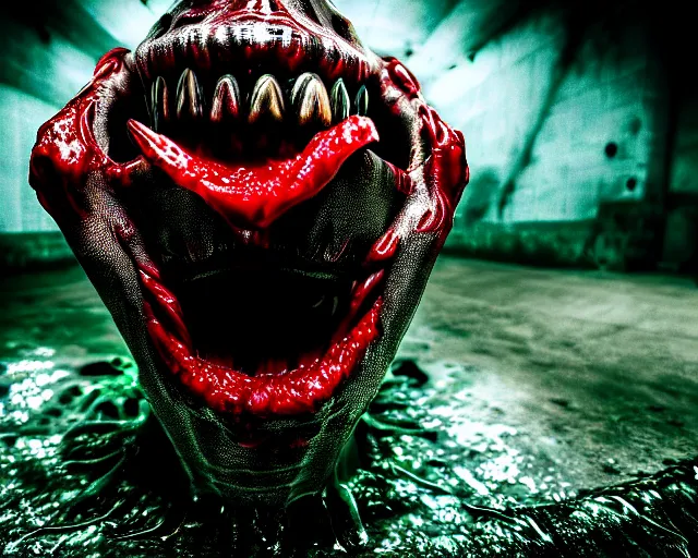 Image similar to realistic long textured tongue demon wet humanoid alien, smoke, mouth in mouth, large alien eyes, metallic reflective human teeth dripping greenish acid saliva from teeth, thin red veins, intricate grey fish scales, ornate, cinematic light shadows, reflections, crawling in a wet sewer pipe, dim flashlight lighting, insanely detailed, fisheye lens