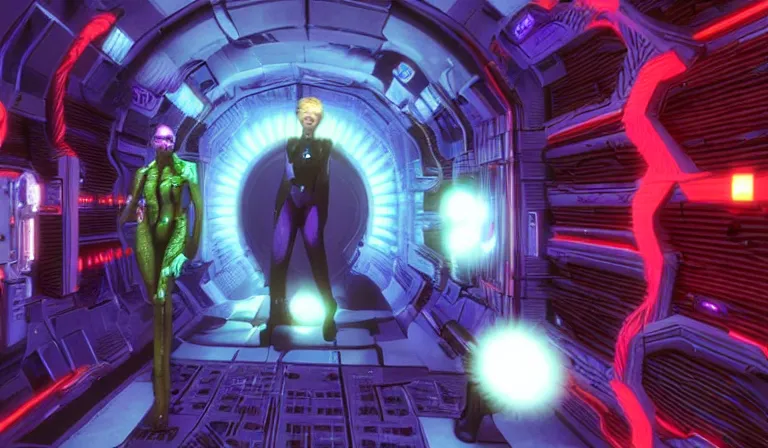 Prompt: Tilda Swinton attacking you in System Shock 2, gameplay screenshot