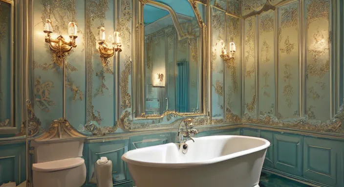 Prompt: Victorian Bathroom, glimmering interior design, bluish colors, floor lamps-interior-lighting, skyline-view, glimmering-design, humble, style of Chinese, 4k, wide-perspective, grand-composition, concept-art, highly-detailed, sublime, dramatic, cinematic