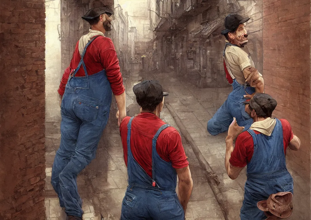 Image similar to italian man in blue overalls and red shirt with a red baseball cap and a big brown mustache with his back against a brick wall, dark mood, horror, silent hill, highly detailed, digital painting, artstation, illustration, art by artgerm and greg rutkowski and alphonse mucha and krenz cushart