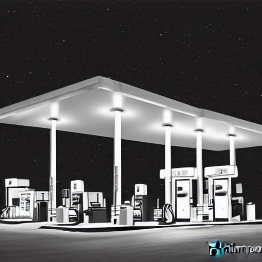 Prompt: a gas station at night by emiliano ponzi