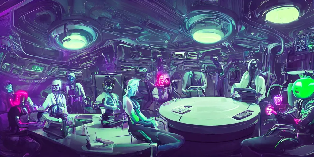 Prompt: digital art, trending on artstation, race of technobiological aliens in a meeting at their base in the galaxy, night time, neon lights