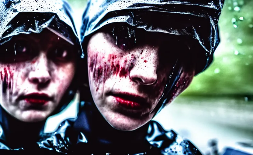 Prompt: cinestill 5 0 d candid photographic portrait by helen levitt of two cyborgs wearing rugged white mesh techwear in treacherous waters, extreme closeup, modern cyberpunk moody depressing cinematic, pouring rain, 8 k, hd, high resolution, 3 5 mm, f / 3 2, ultra realistic faces, ex machina