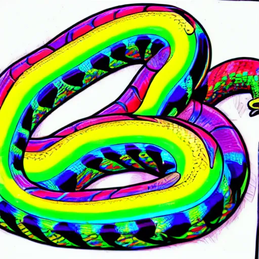 Image similar to a being of pure light, giant rainbow iridescent serpent is wrapping around its body, hyper detailed, ultra fine colored inking lines