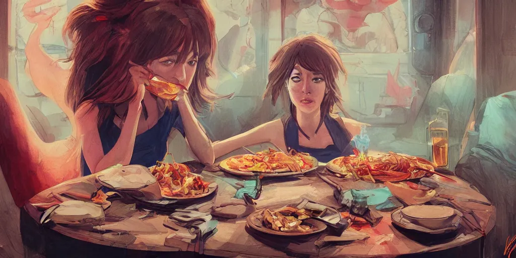 Prompt: cartoonish dakota johnson eating dinner, vivid colors, character sheet, fine details, concept design, contrast, kim jung gi, greg rutkowski, trending on artstation, 8 k, full body, turnaround, front view, back view, ultra wide angle