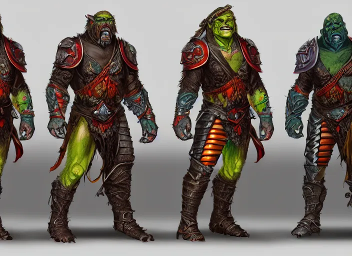 Image similar to three different views of orcs in armour, colourful intricate! concept art by senior character artist, trending on artstation, artstation hd, full body, official art