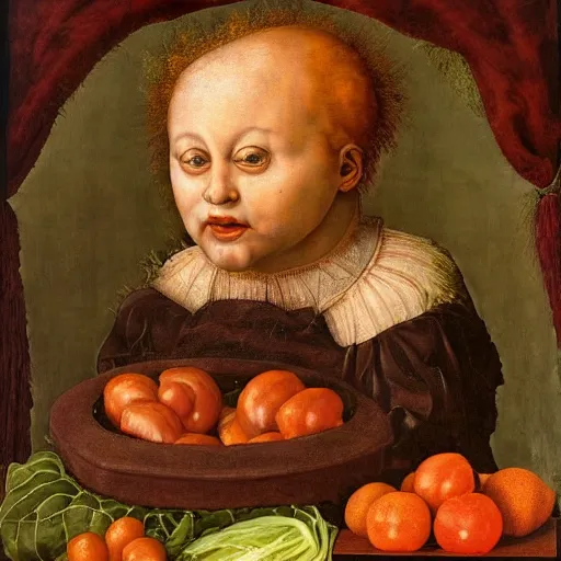 Prompt: a boy sitting in a tub full of tomato sauce, a lot of cabbage, by giuseppe arcimboldo and ambrosius benson, renaissance, portrait, fruit, intricate and intense oil paint, realistic