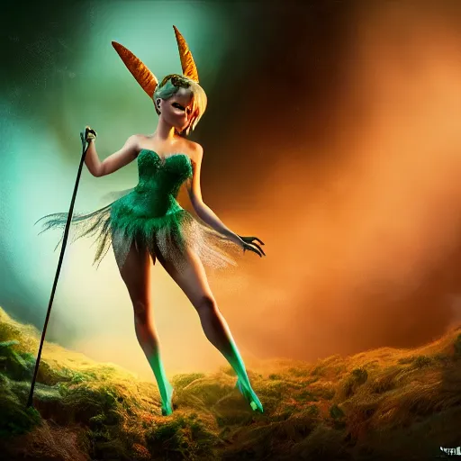 Prompt: full body pose, hyperrealistic photograph of evil tinkerbell, dim volumetric lighting, 8 k, octane beautifully detailed render, extremely hyper detailed, intricate, epic composition, cinematic lighting, masterpiece, trending on artstation, very very detailed, stunning, hdr, smooth, sharp focus, high resolution, award, winning photo, dslr, 5 0 mm