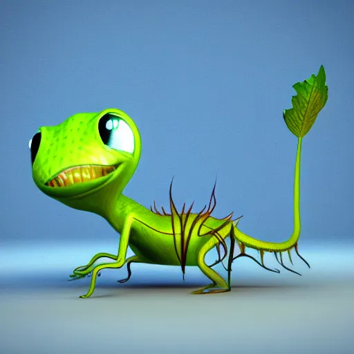 Image similar to cute anthropomorphic venus flytrap carniverous plant creature with many leaf arms and vine legs and big eyes detailed character concept 3 d pixar style render 4 k