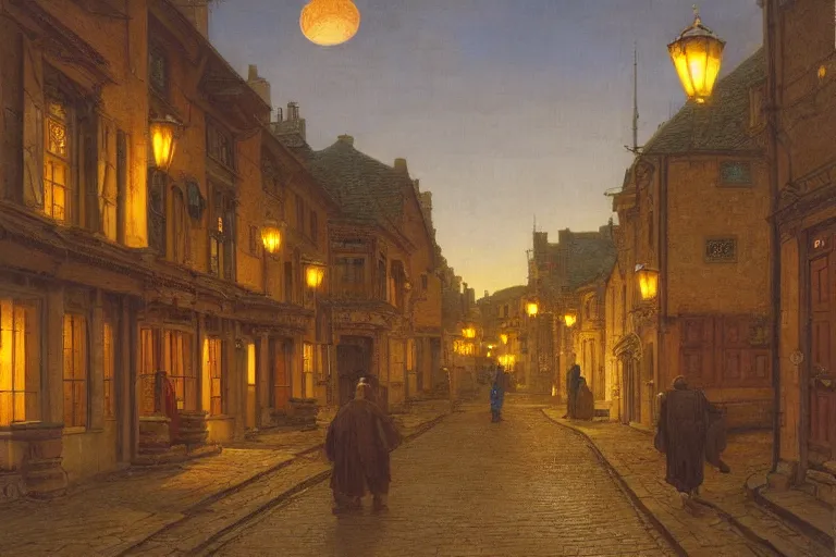 Image similar to winding street at twilight in a very old very beautiful city by George Price Boyce and Donato Giancola and William Dyce, glowing paper lanterns, strong dramatic cinematic lighting , ornate tiled architecture, lost civilizations, smooth, sharp focus, extremely detailed