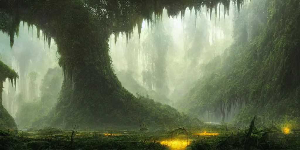 Image similar to Artwork of the Cinematic view of The Glittery Jungles by John Howe, Trending on artstation