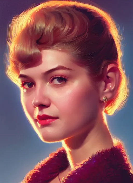 Image similar to portrait of betty cooper with fluffy bangs, bangs, 1 9 6 0 s, ponytail, curly bangs and ponytail, rounder face, intricate, elegant, glowing lights, highly detailed, digital painting, artstation, concept art, smooth, sharp focus, illustration, art by wlop, mars ravelo and greg rutkowski