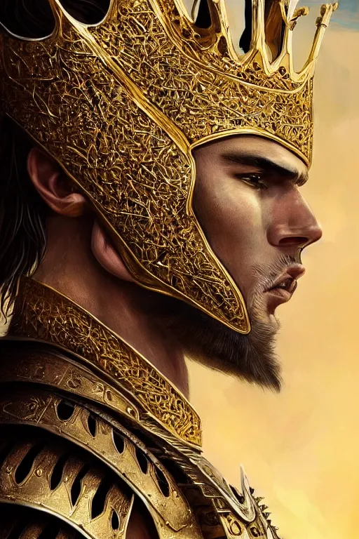 Image similar to Hyper-realistic upper-body Portrait of the King of the Desert, Warrior, Gold Armour and Crown, Sword, handsome attractive face, attractive young man, beautiful face, photo realistic, dramatic lighting, majestic, trending on artstation, elegant, intricate, highly detailed, digital painting, concept art, sharp focus, illustration, art by artgerm and greg rutkowski and alphonse mucha