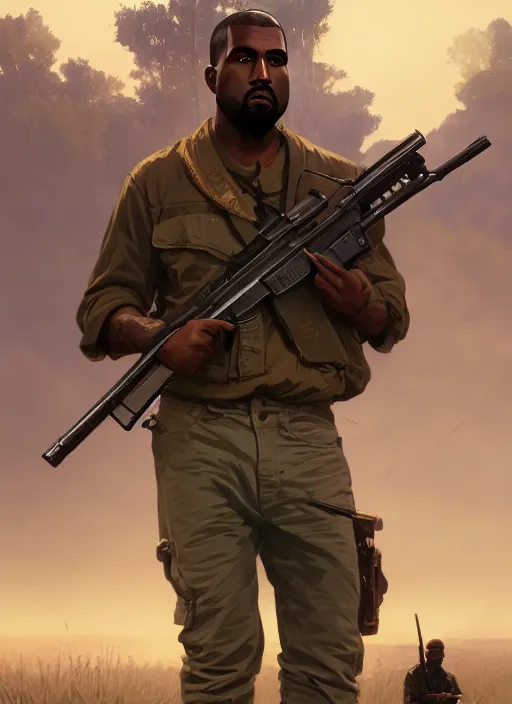 Image similar to highly detailed portrait kanye holding rifle in gta v stephen bliss unreal engine fantasy art by greg rutkowski loish rhads ferdinand knab makoto shinkai lois van baarle ilya kuvshinov rossdraws tom bagshaw global illumination radiant light detailed intricate environment