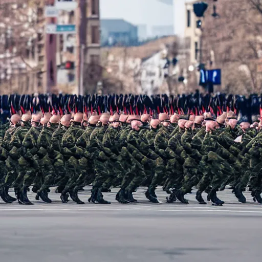 Image similar to a military parade doing goose steps while holding giant keyboards, 4 k photography