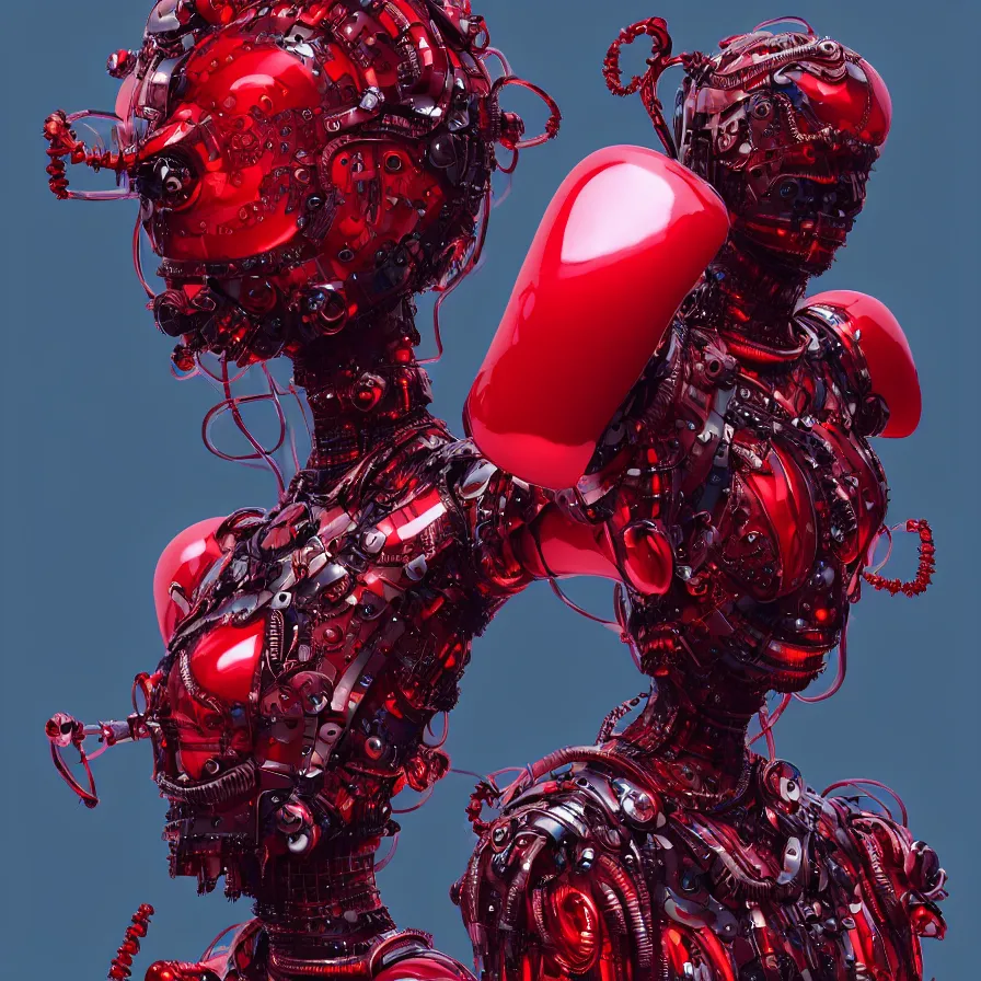 Prompt: bjork fashion portrait, vogue, red biomechanical wear, inflateble shapes, wearing epic bionic cyborg implants, masterpiece, intricate, biopunk futuristic wardrobe, highly detailed, art by akira, mike mignola, artstation, concept art, background galaxy, cyberpunk, octane render