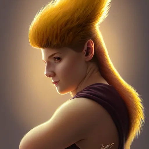 Prompt: Full-Body Portrait of Squirrel Girl, Marvel, fantasy, squirrel tail from her lower back, symmetrical face, blush, intricate, cute, elegant, highly detailed, nature, yellow mist, digital painting, artstation, concept art, matte, sharp focus, illustration, art by Artgerm and Greg Rutkowski and Alphonse Mucha