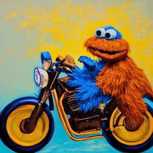 Prompt: An oil painting of cookie monster riding a motor cycle