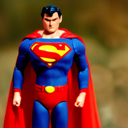 Prompt: toy photography. an knock-off of a Superman action figure. 1991. in-focus macro shot