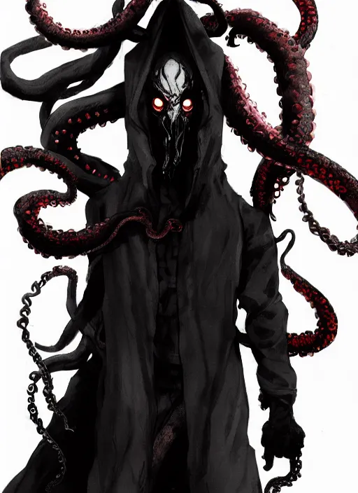 Prompt: half body portrait of an evil deity, a squid man in black mask and black rugged long trench coat made of smoke, red aura, tentacles. in style of yoji shinkawa and hyung - tae kim, trending on artstation, dark fantasy, great composition, concept art, highly detailed, dynamic pose.