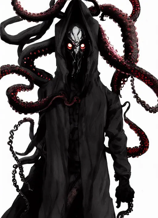 Image similar to half body portrait of an evil deity, a squid man in black mask and black rugged long trench coat made of smoke, red aura, tentacles. in style of yoji shinkawa and hyung - tae kim, trending on artstation, dark fantasy, great composition, concept art, highly detailed, dynamic pose.