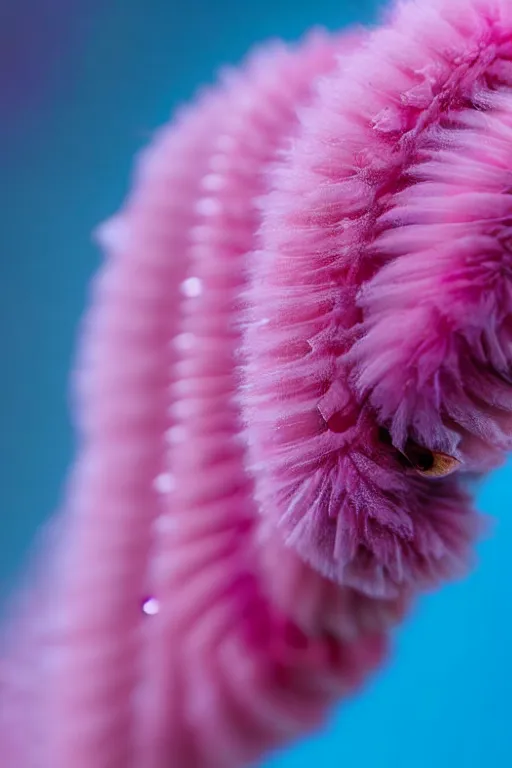 Image similar to high quality macro close-up translucent fluffy caterpillar! gorgeous highly detailed hannah yata elson peter cinematic pink lighting high quality low angle hd 8k sharp shallow depth of field