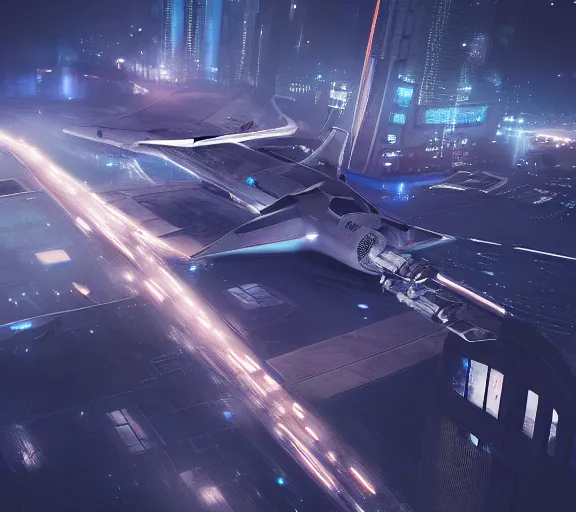 Image similar to futuristic sci fi jet lands at runway of cyberpunk city, night photo ,dark cinematic lighting , digital concept art