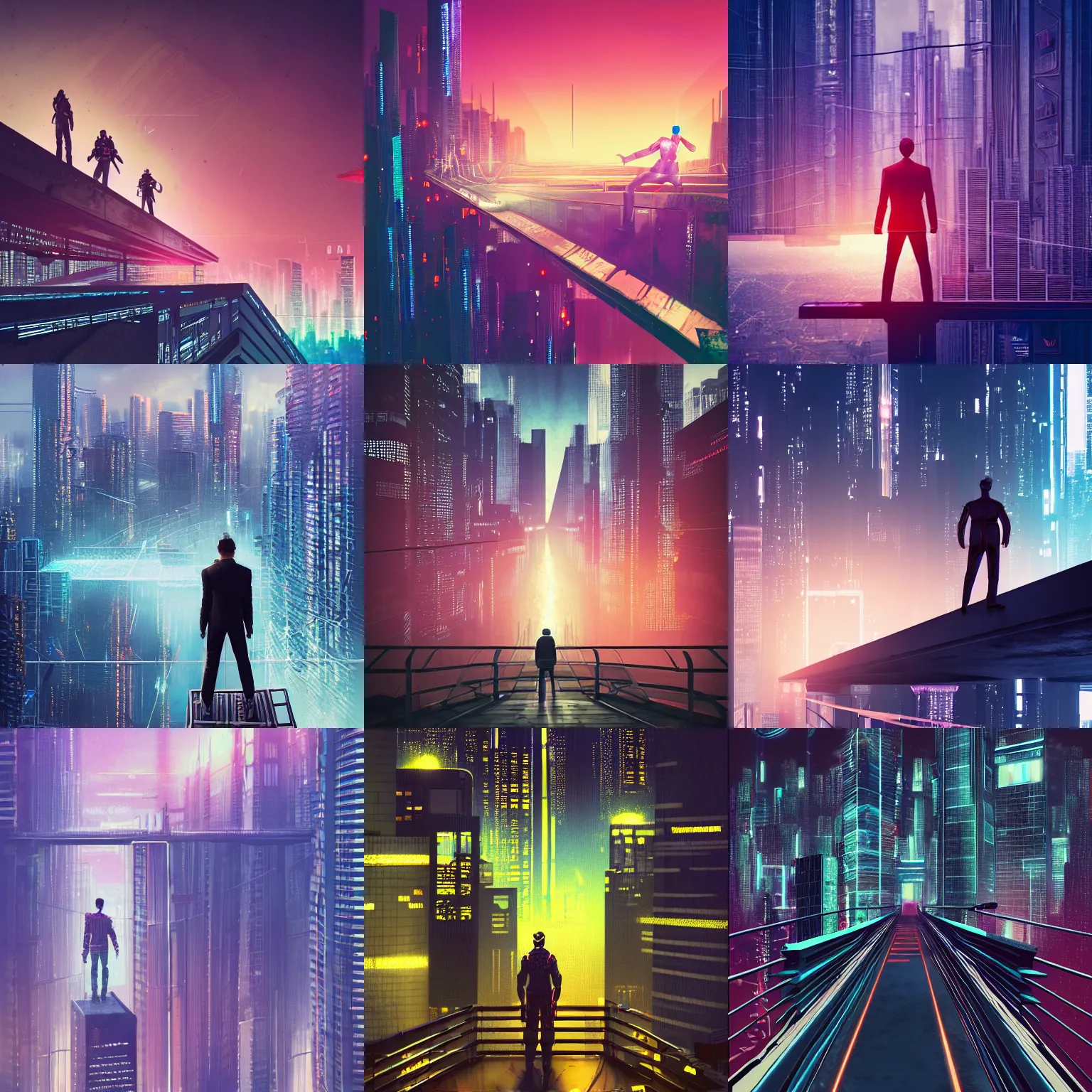 Image similar to a man standing on top of a bridge over a city, cyberpunk art by vincent lefevre, behance contest winner, altermodern, cityscape, synthwave, matte painting