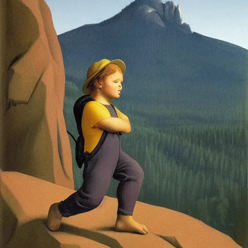 Image similar to a boy's first memory of mountain climbing by Raphael, Hopper, and Rene Magritte. detailed, romantic, enchanting, trending on artstation.