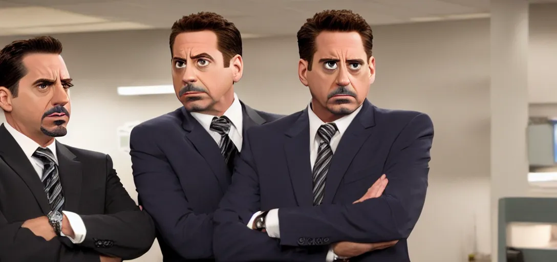 Image similar to a very high resolution image of tony stark with micheal scott. from an episode of the office. photorealistic, photography