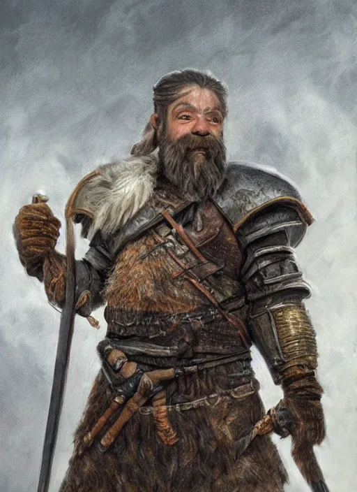 Prompt: A hyperrealistic fantasy portrait painting of a male dwarf on the battlefield