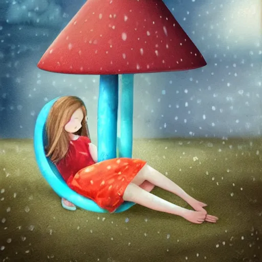 Prompt: A girl sleeping under a giant blue toadstool, raining, somber, high detail,