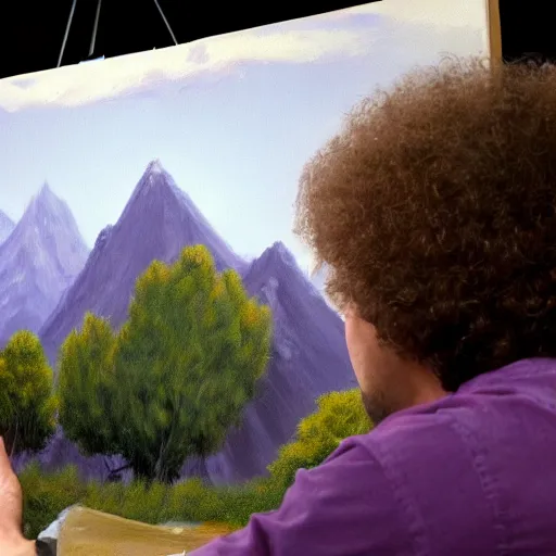 Image similar to a closeup photorealistic photograph of bob ross working on a canvas painting of spiderman. film still. brightly lit scene. mountains and trees. this 4 k hd image is trending on artstation, featured on behance, well - rendered, extra crisp, features intricate detail, epic composition and the style of unreal engine.