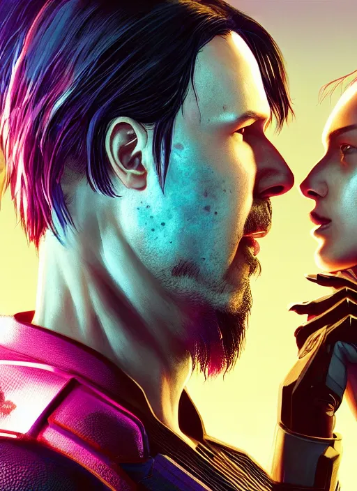 Image similar to a cyberpunk 2077 couple portrait of Keanu Reeves&female android in final kiss,love,film lighting,by Laurie Greasley,Lawrence Alma-Tadema,Dan Mumford,artstation,deviantart,FAN ART,full of color,Digital painting,face enhance,highly detailed,8K,octane,golden ratio,cinematic lighting