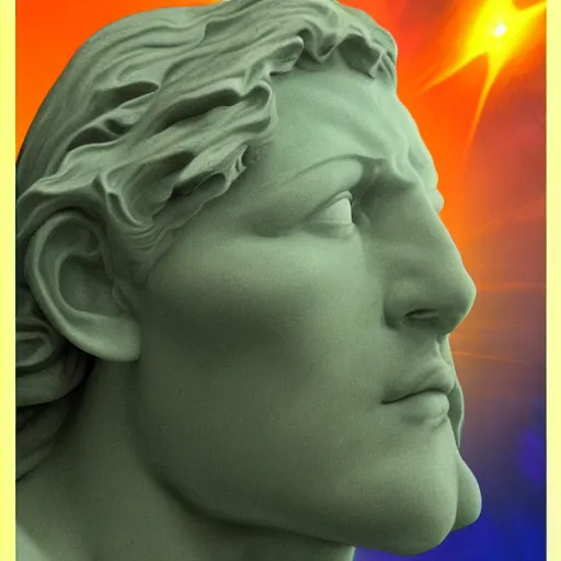 Image similar to 3 d sci - fi cgartist rendering of a hyper realistic marble greek statuary bust floating in space, at the vast pulsating interdimensional fractal space portal at the psychedelic vaporwave event horizon by chris moore, by edward hopper, by col price, trending on artstation