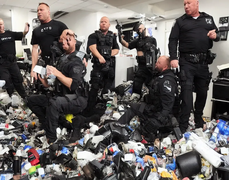 Image similar to SWAT Police group raiding Alex Jones in his INFOWARS studio surrounded by trash and herbal supplements and rubbish and broken camera TV equipment, Alex Jones is very angry, smoke and gas, dramatic press photo