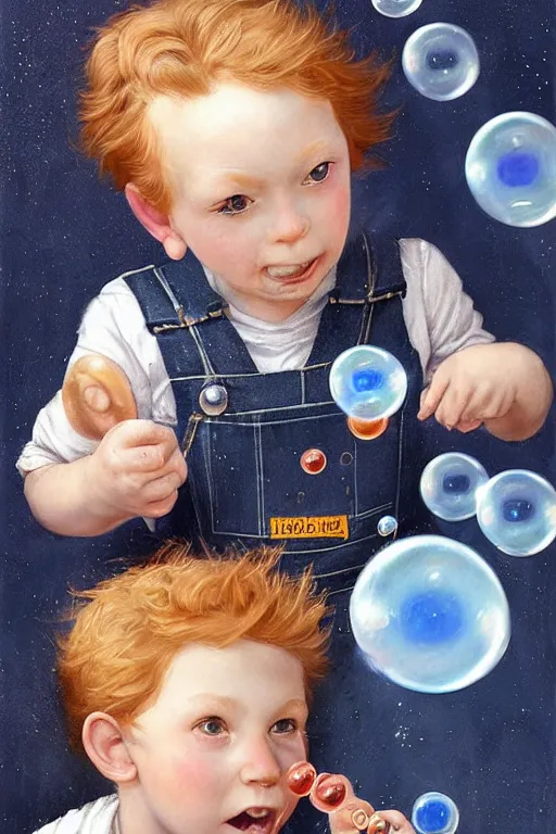 Prompt: a little boy with ginger hair wearing denim overalls chasing bubbles. clean elegant painting, beautiful detailed face, lots of bubbles. by artgerm and greg rutkowski and norman rockwell