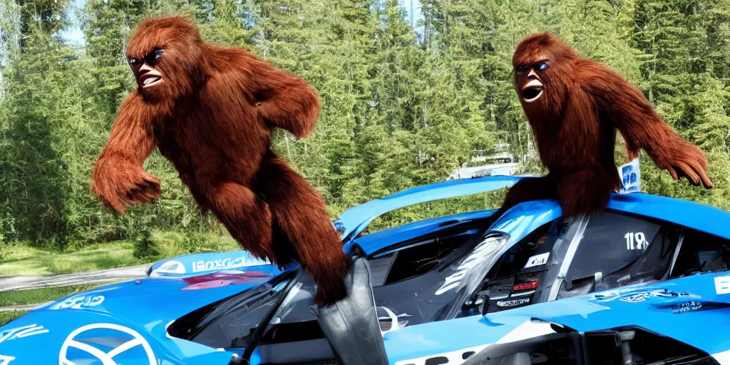 Image similar to sasquatch hanging out the window of a bmw race car