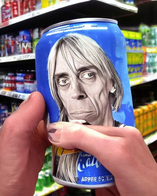 Image similar to a hand holding a soda can with iggy pop's face on the label, inside a supermarket