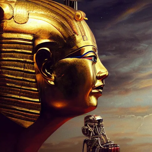 Prompt: tutankhamon mask flying in the sky ; humans being devoured ; aliens, robotic machines, gods, bio - mechanical intelligences, glitch creatures, dmt entity ; lsd art, trending on artstation, style greg rutkowski