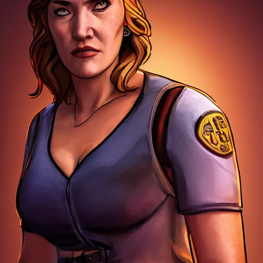 Image similar to kate winslet portrait, borderlands, tales from the borderlands, the wolf among us, comic, cinematic lighting, studio quality, 8 k