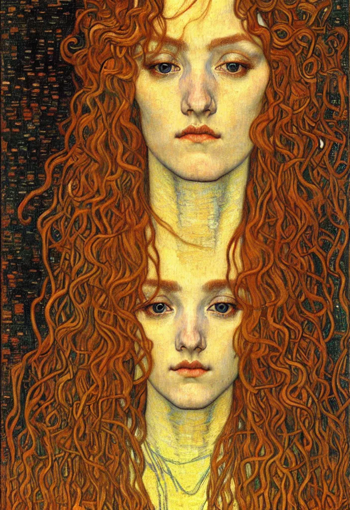 Image similar to detailed realistic beautiful young medieval queen face portrait by jean delville, gustav klimt and vincent van gogh, art nouveau, symbolist, visionary, gothic, pre - raphaelite, muted earthy colors, desaturated