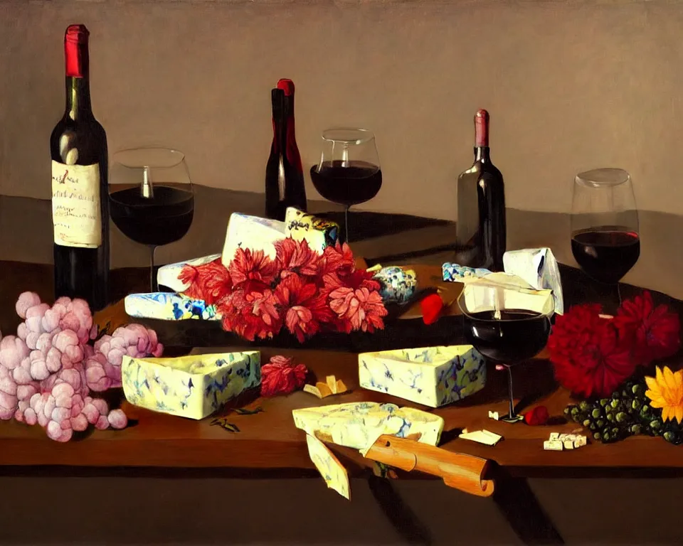 Image similar to an achingly beautiful still life featuring blooming flowers, cheeses, and flowing red wine by Raphael, Hopper, and Rene Magritte. detailed, romantic, studio lighting, enchanting, trending on artstation.