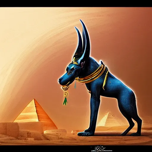 Image similar to Anubis God, Egyptians decor, very detailed, artstation, illustration, masterpiece, digital art, Oil Painting, Furry Art