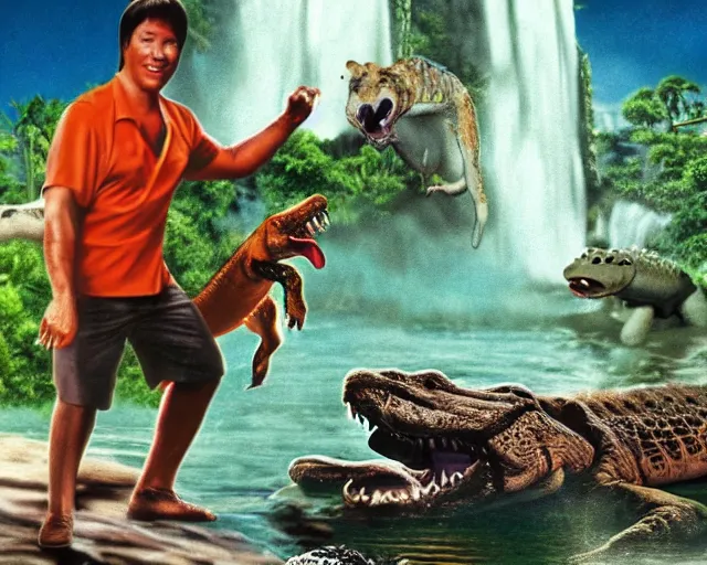 Prompt: steve irwin with dingo and crocodile and bruce lee, waterfall background, epic colorful hyper detailed cinematic still