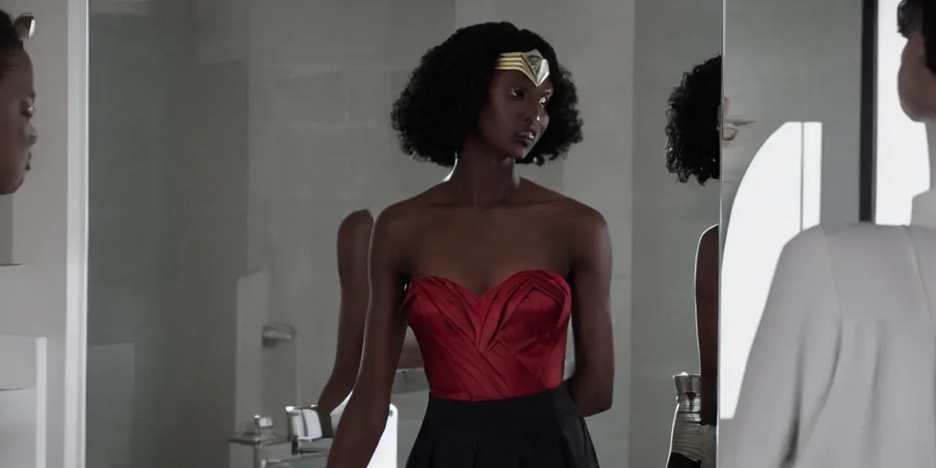 Image similar to ultra wide angle photo of jodie turner - smith dressed in a white blouse and black dress pants as diana prince looking at herself in a bathroom mirror and seeing her reflection as wonder woman