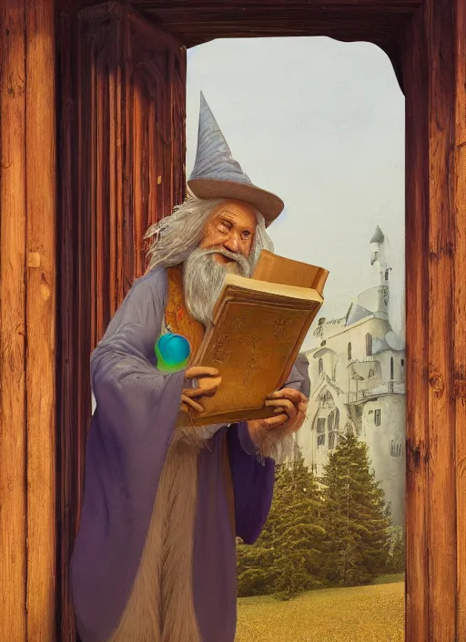 Prompt: an old wizard in robes holding a book standing in front of an elaborate ancient wooden door, beautiful colourful fantasy rendering, Agnolo Bronzino, Simon Stälenhag, ilm, beeple, N.C. Wyeth