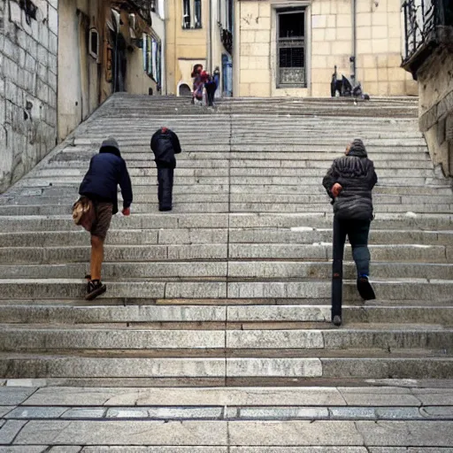 Image similar to a zimmer frame on steps in Porto, greg rutkowski